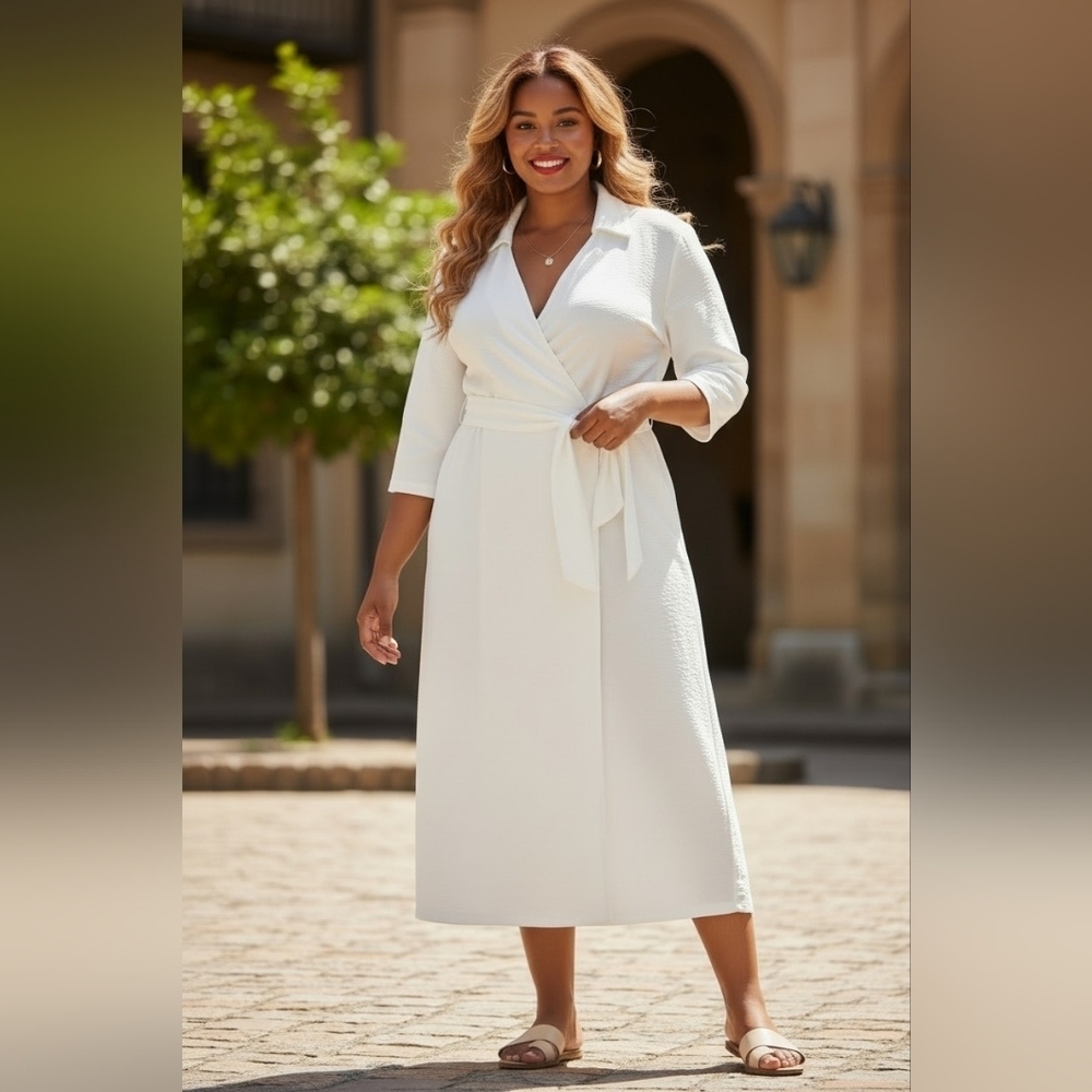 Zara White Midi Shirt Dress Belted Collared 3/4 Sleeve Summer Clean Girl XL